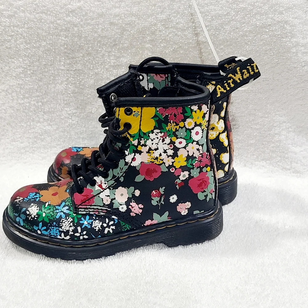 Dr. Martens Kids Floral Combat Boots in Black with Multicolor Flowers